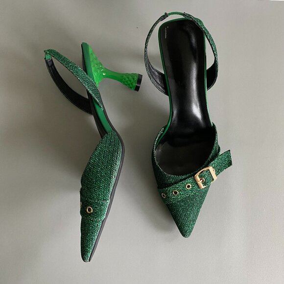Green Sparkly Pointy Toe Sling Back Heeled Shoes Sz 10 - Picture 2 of 12